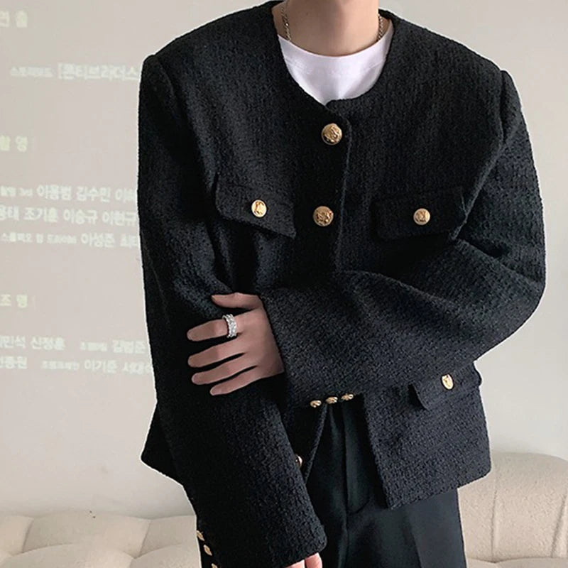 Korean Style Fashionable Tweed Round Neck Jacket Men Japanese Trendy High-end Single-breasted Short Jacket with Temperament voguable