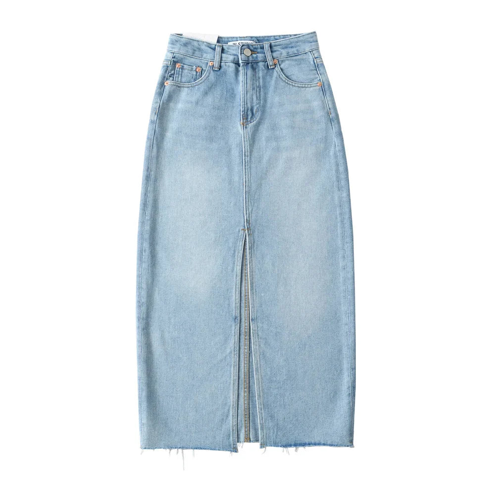 Fall Midi skirts vintage clothes y2k korean style skirts for women blue jeans skirt high waisted denim skirt black front slit Pbong
