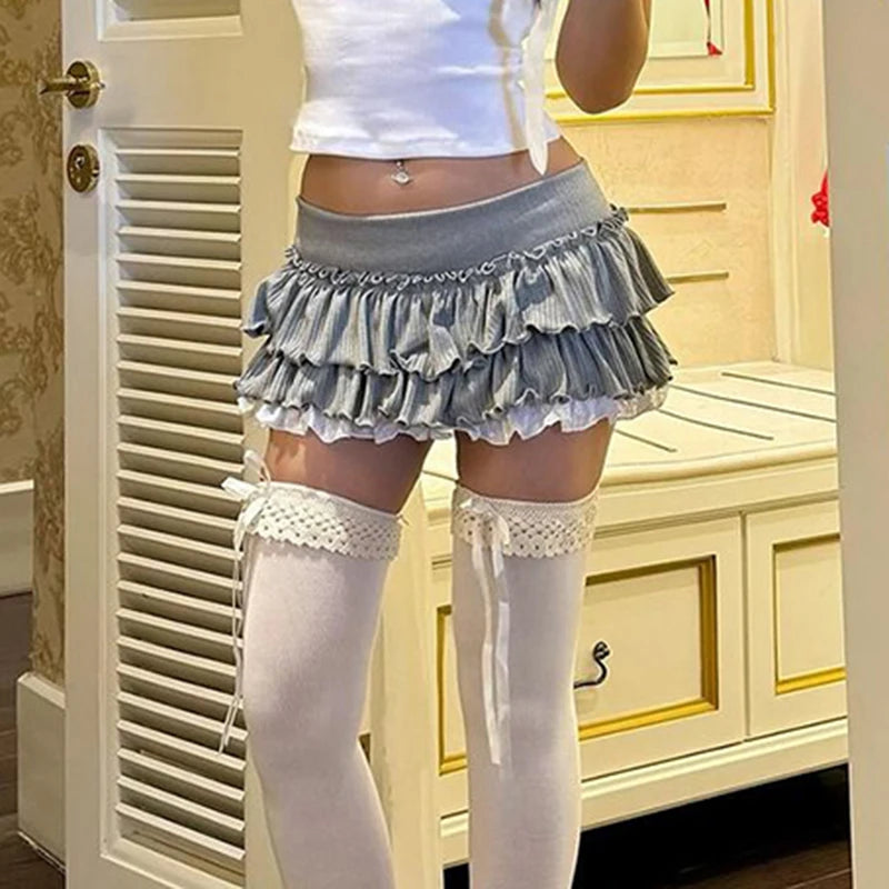 y2k Ruffles Pleated Mini Skirt Coquette Aesthetic A-line Low-waisted Short Skirts for Women 2000s Vintage Clothing Ladies voguable