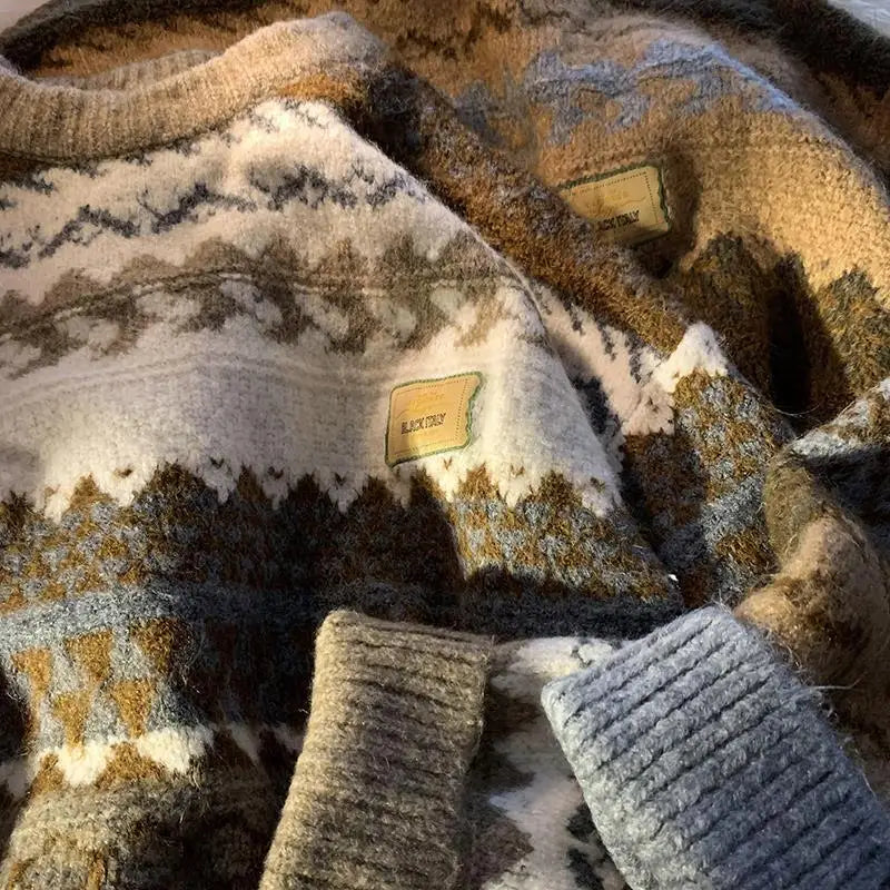 Vintage Boho Floral Striped Sweater Women Warm Winter Long Sleeve Tops Men Hip Hop Couples Teens Pullover Korean Fashion Clothes