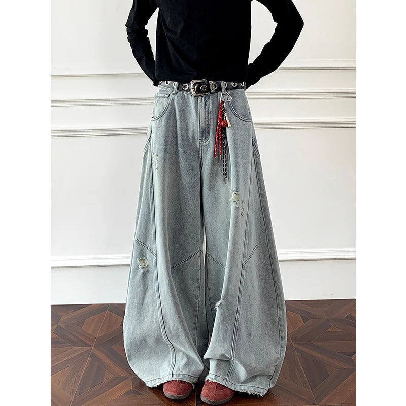 Loose Fit Jeans Men Baggy Wide Leg Denim Pants Patchwork Ripped Light Blue Wash Hip Hop Streetwear Fashion New 2025 autumn jeans voguable