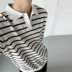 Summer Men's Clothing Light Luxury V Neck Knit Polo Shirt Korean Striped Short Sleeve Retro Fashion Leisure Slim Knitwear voguable