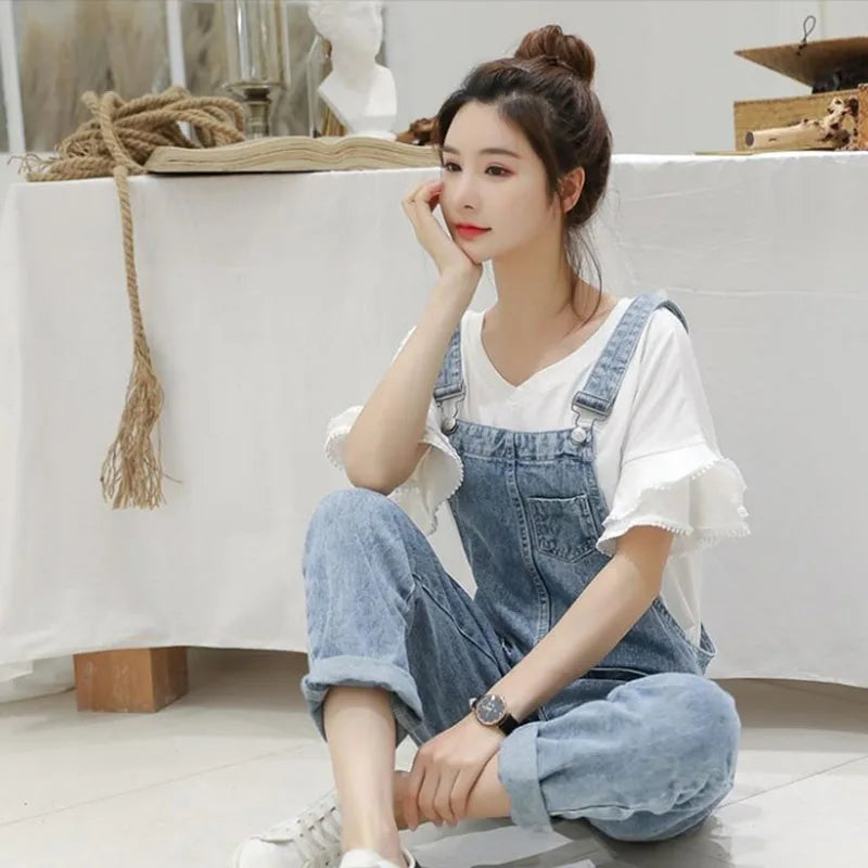 Voguable  Washed Denim Jumpsuit Women Casual High Waist Blue Wide Leg Pants Female 2024 Spring Korean Loose Pockets Jean Overalls voguable
