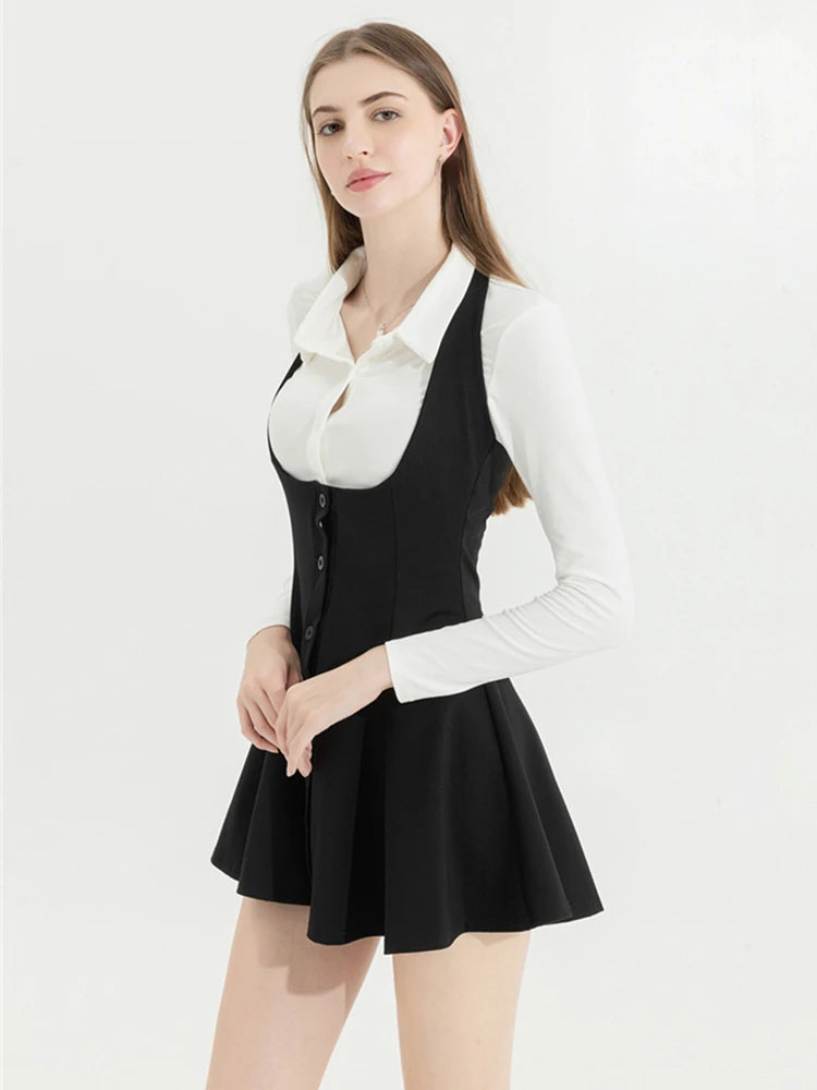 Voguable 2024 Korean Y2k Two Piece Sets Outfits Office Women Skirt Sets Lapel Cardigan Crop Tops + Suspender Mini Skirt Elegant Clothes voguable