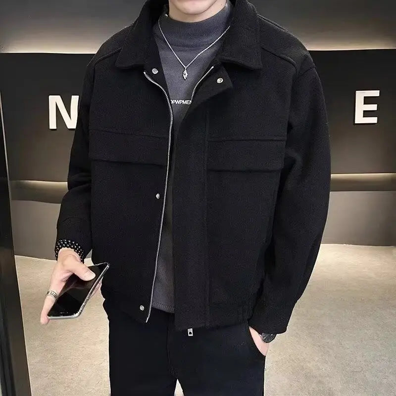 Korean Fashion Short Woolen Coat Men Loose Casual All-match Lapel Zipper High-end Men Clothing Woolen Jackets for Men Top M-3XL voguable