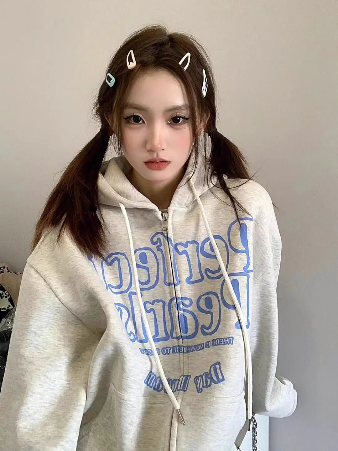 Voguable American Vintage Hip Hop Graphic Simple Gray Hoodies Jackets Autumn Winter Zip Up Sweatshirt Men Women Loose Oversized Harajuku voguable