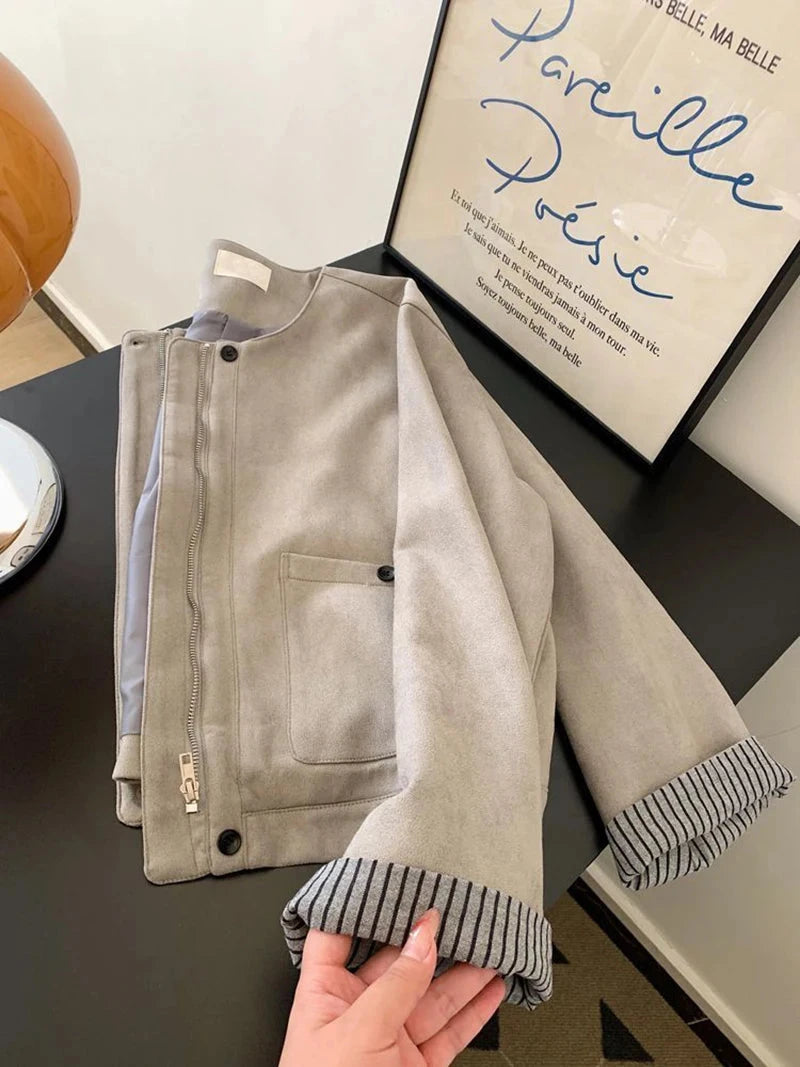 Women Faux Suede Y2K Jacket American Retro O Neck Long Sleeve Casual Coat Retro Casual Harajuku Streetwear Fall Winter Tops voguable