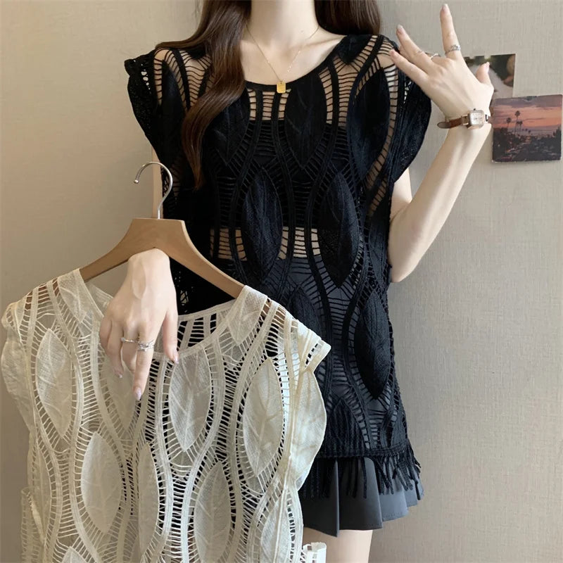 Voguable  Summer Pullovers Blouse New Sleeveless Hook Flower Hollow Vest Shirt Loose Casual Women Tops voguable