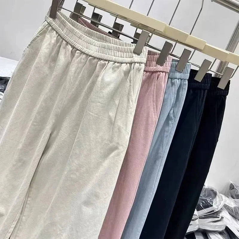 Korean Chic Ruffle Patchwork Ankle Length Pants Women Summer High Waist Loose Wide Leg Pants Elastic Waist Baggy Casual Trousers voguable