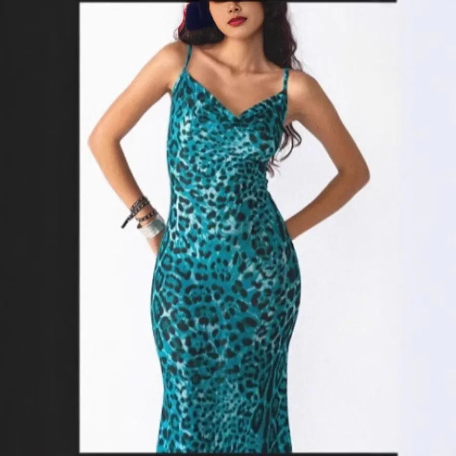 Voguable  European and American - summer thin sling fashion leopard print dress sexy V-neck strap-on slim skirt voguable