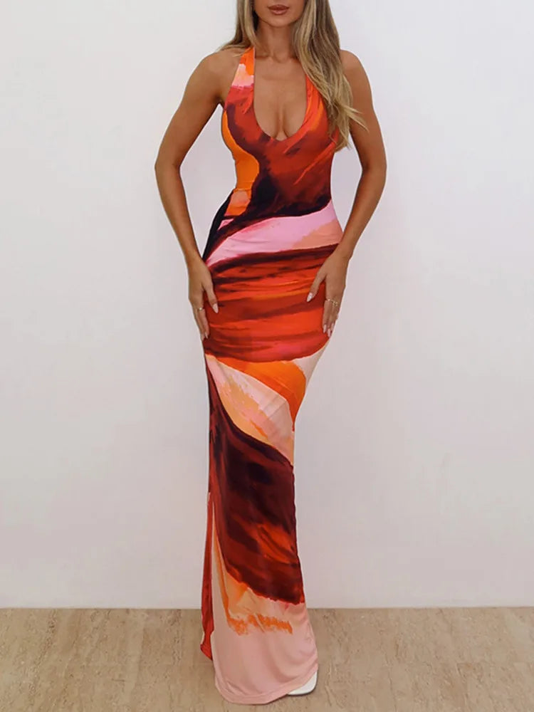 Halter Deep V Neck Print Sexy Maxi Dress For Women Fashion Lace-up Sleeveless Backless Bodycon Printed Long Dress voguable
