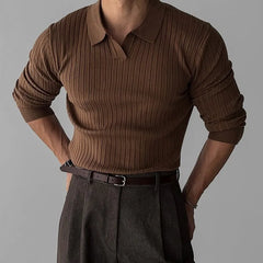 Autumn Clothing Men's Light Luxury V-Neck Knitted Jacquard Polo Shirt Solid Color Long-sleeved Korean Popular Leisure Knitwear voguable
