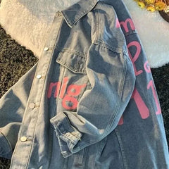 Voguable  Denim Jacket Womens Clothing Autumn Winter Korean Printed Jeans Coat Female Retro Pop Street Loose Denim Top voguable
