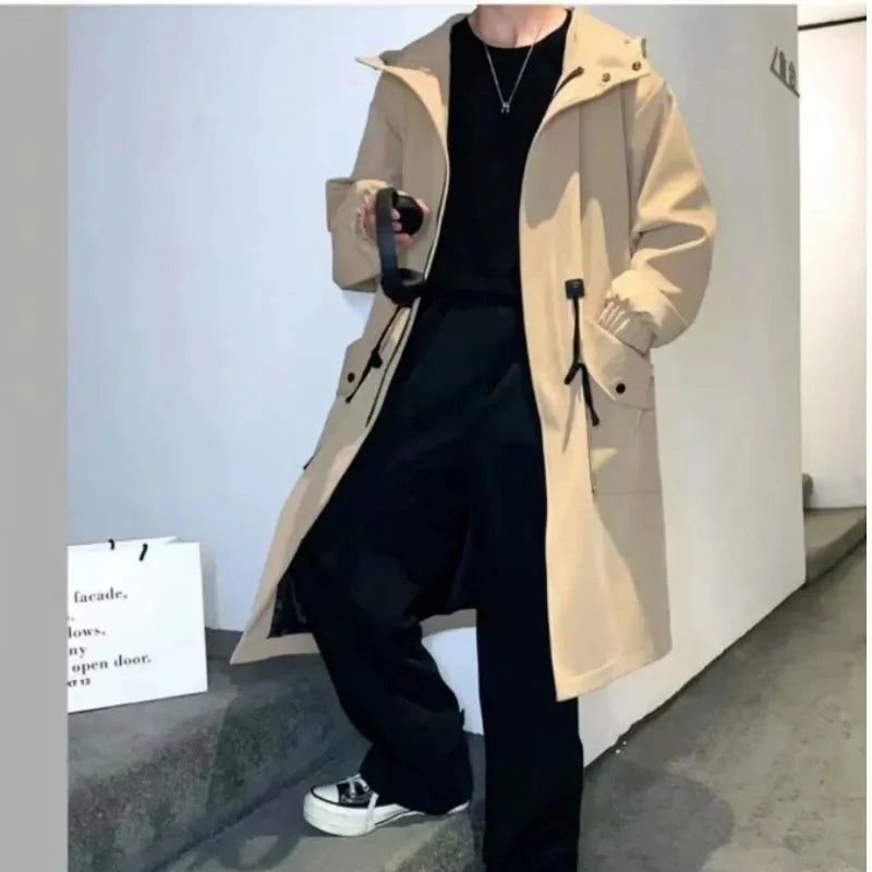 2023 Spring Autumn Army Green Windbreaker Fashion Men Mid-length Casual Hooded Coat Men Daily High Street Overcoat Male Clothes voguable