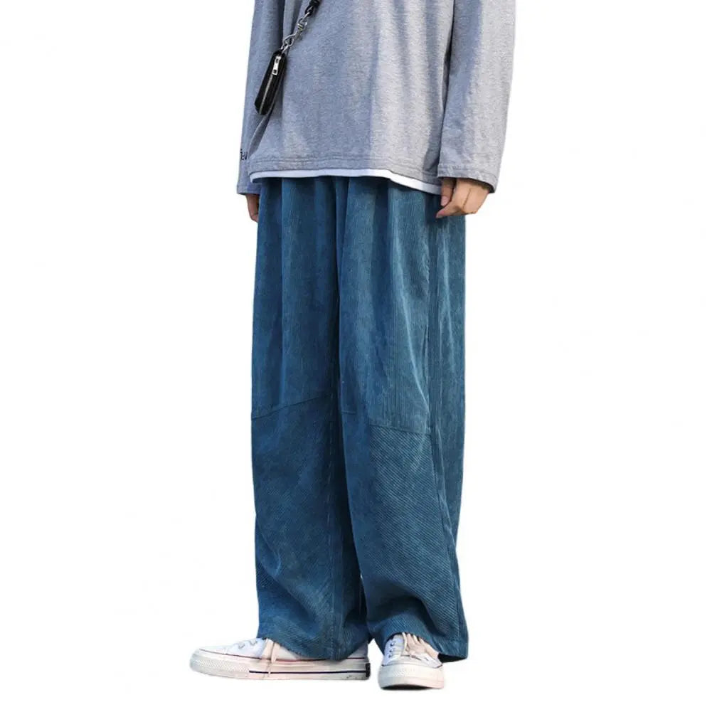 Autumn Men Pants Solid Color Wide Leg Elastic Waist Loose Straight Corduroy Trousers Relaxed Fit Corduroy Pants for Jogging voguable
