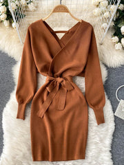 Fashion Y2K Casual Vestidos Women Dress  Autumn Winter Bodycon Knitted Sweater Dress Elegant  Office Ladies Dress