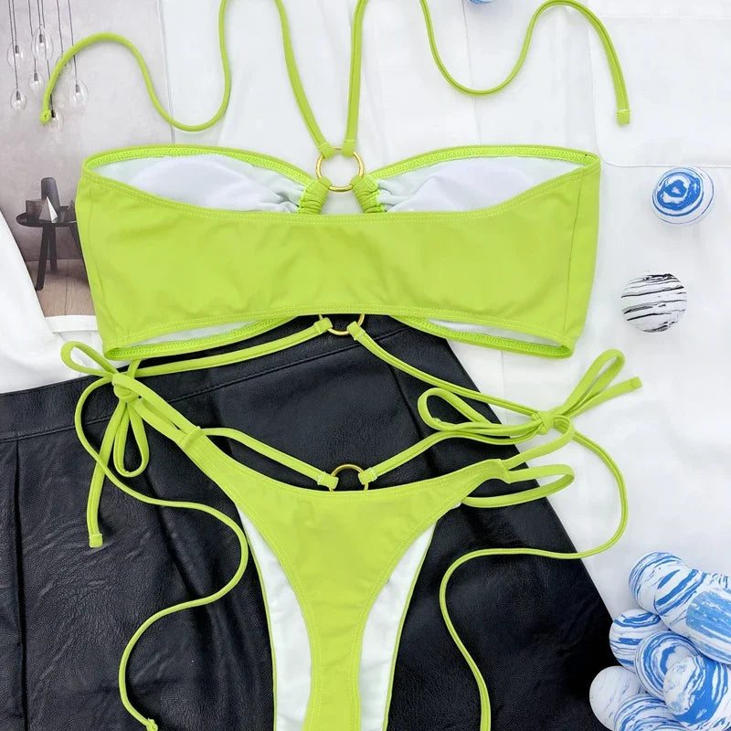 Voguable  Pleated Fabric Bikini Sexy Cross Bandage Halter Swimwear Two Piece Bikini Summer Cut Out Bathing Suit High Waist Beachwear voguable