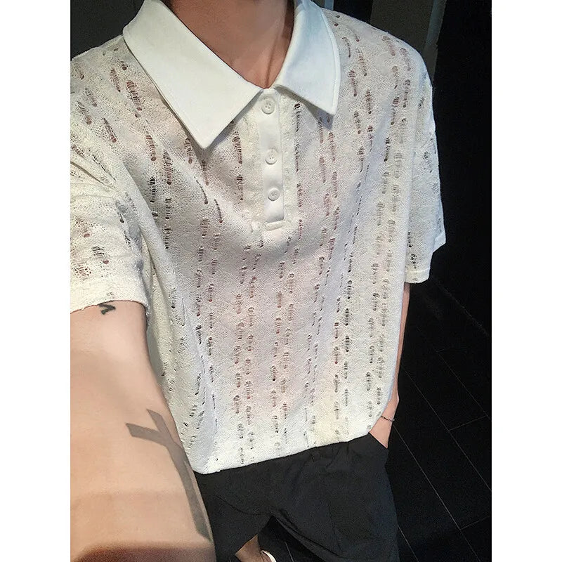 Mens Summer Short Sleeve Loose Fit Casual polo men Trendy Hollow Out Design Streetwear Fashion Top New Stylish Mesh Tee POLO voguable