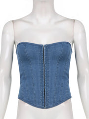 Voguable Sexy Denim Corset Strapless Crop Tube Top Summer Solid Off Shoulder Bustier Party Sleeveless Tank Tops Women Clubwear voguable