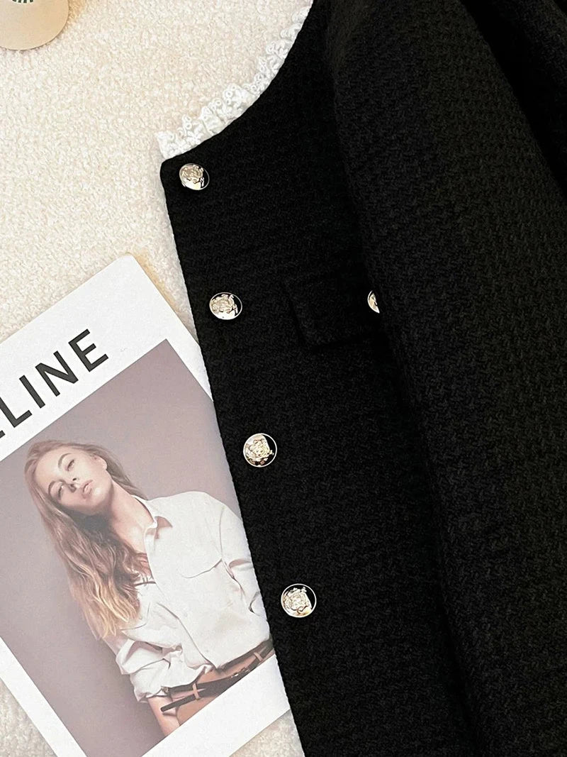 Black Slim Elegant Tweed Jacket Women Vintage Lace Patchwork Long Sleeve Sweet Coat Fall Winter French Casual Retro Tops voguable