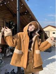 Y2K Streetwear Faux Lamb Suede Jacket Women Vintage Winter Long Sleeve Hooded Coat American Retro Loose Lady Pockets Warm Tops voguable