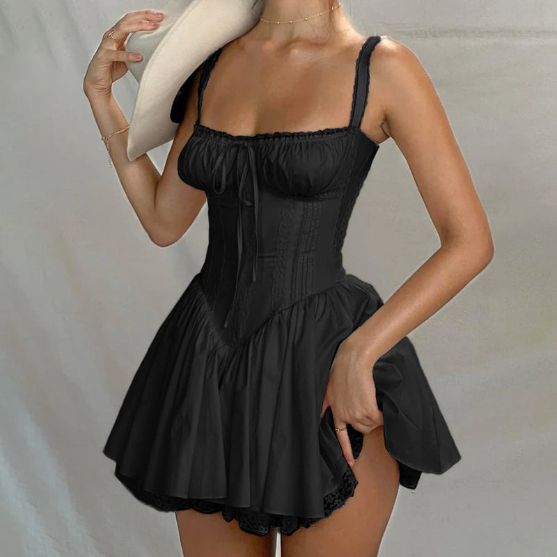 Voguable  High-quality Lace Panel A-line Dress White Coquette Party Holiday Sleeveless Mini Corset Dresses Elegant Sweet Robe New voguable
