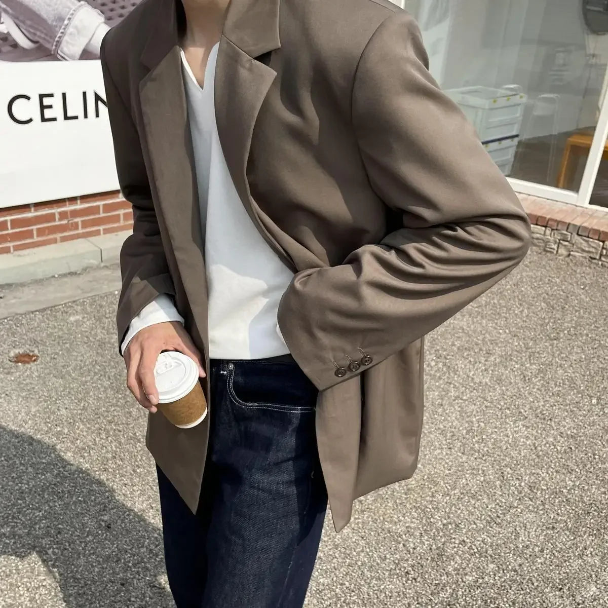 Autumn 100% Cotton Small V-neck Long Sleeve T-shirts Men Korean Casual Solid Color High-end Design Loose Bottoming Shirt Men voguable
