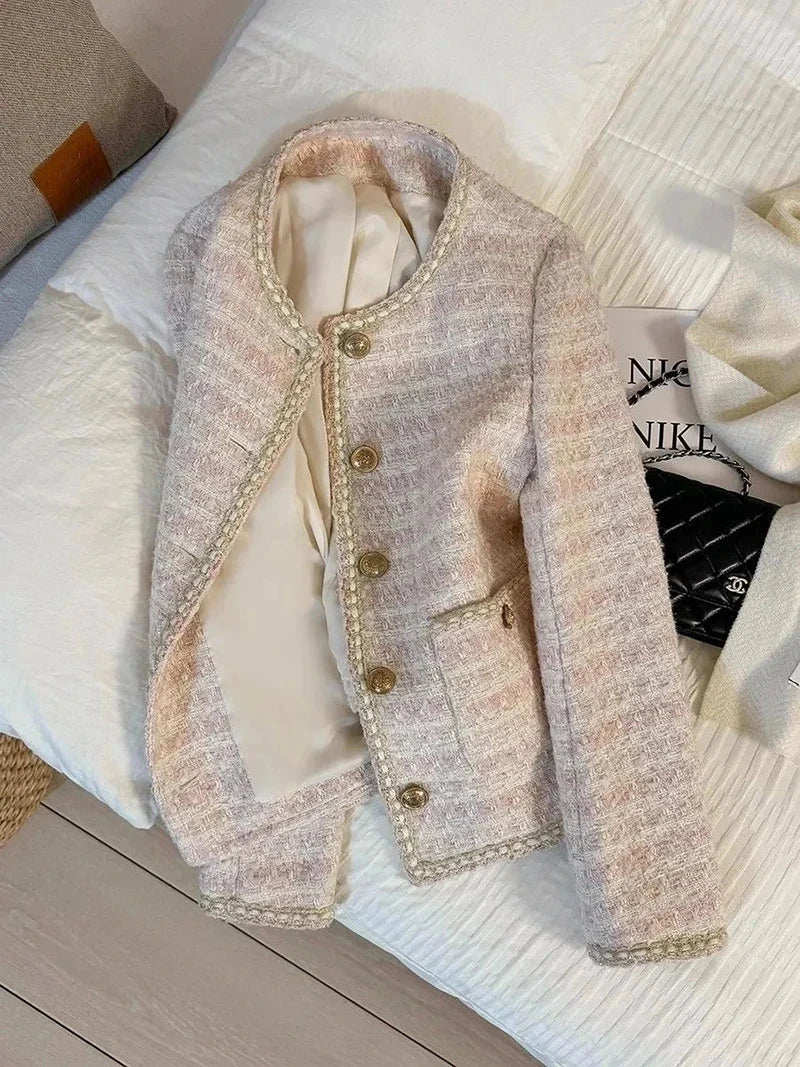 Pink Women Sweet Tweed Jacket Vintage Long Sleeve Slim O Neck Coat Korean Fall Winter Retro Small Fragrance Elegant Tops voguable