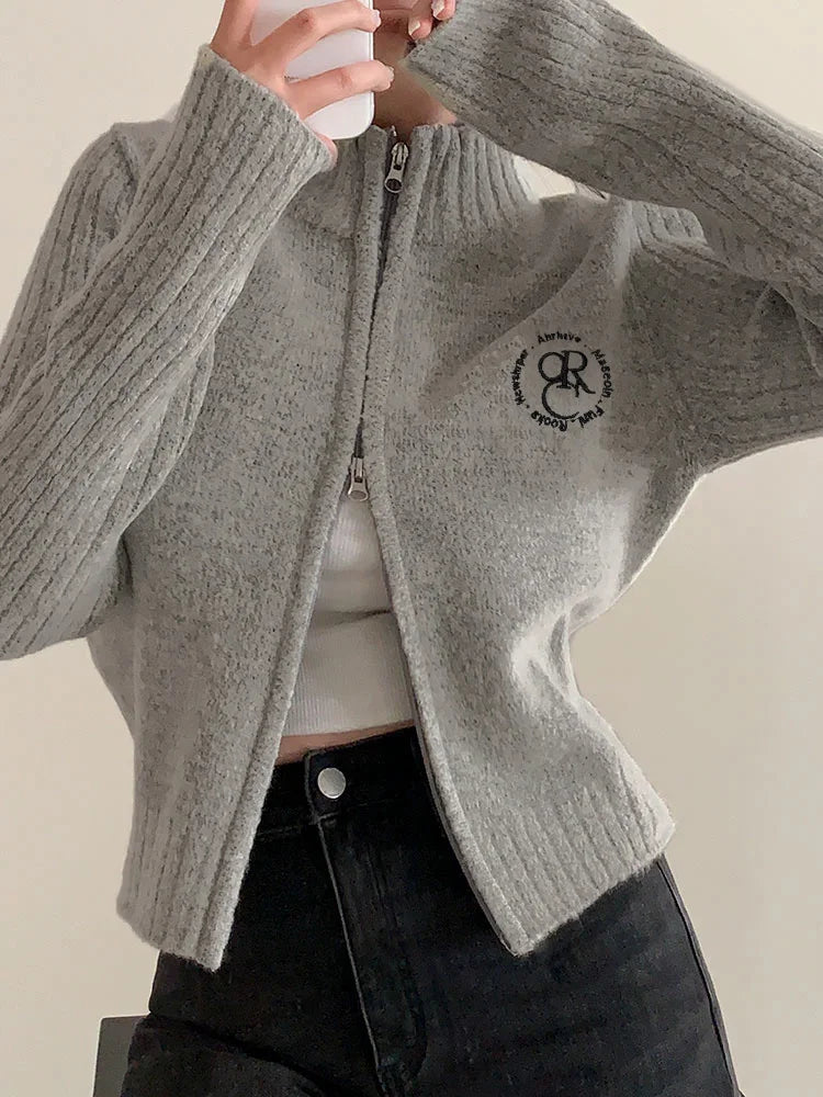 Voguable Double-ended Zipper Sweater Cardigan for Women Knitting Slim Sweaters Coat Female Casual Korean Knitwear Autumn Outfits voguable