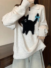 Cute Cartoon Bow Sweaters Women Loose Vintage Long Sleeve Kawaii Knitted Jumper Japan Casual Preppy Style Retro Pullovers voguable