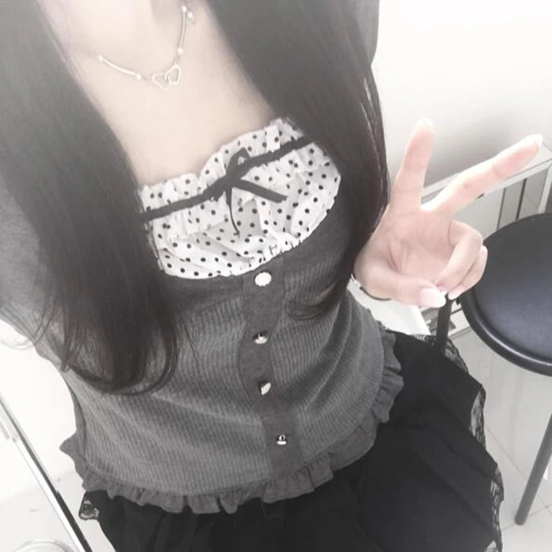 Voguable  Y2K Polka Dot Print Contrast Patchwork Knitted Tops Grey Autumn Spring Cute Bow T-shirts Slim-fit Long Sleeve Knitwear voguable