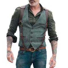 Men's Vests Men Brown Waistcoat Vest Man Steampunk Jacket Striped Tweed V-neck Slim Fit Gilet Wedding Clothing voguable