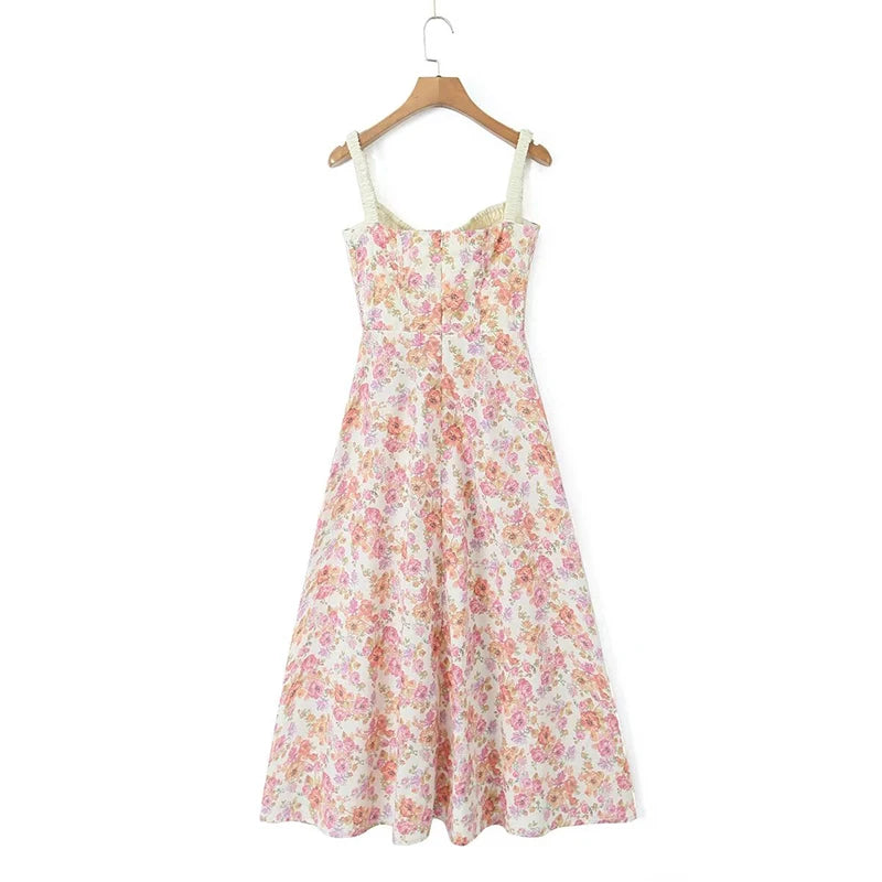 Women French Style Floral Print A-line Midi Sling Dress Sexy Sleeveless Front Slit Female Holiday Party Summer Dress