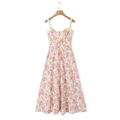 Women French Style Floral Print A-line Midi Sling Dress Sexy Sleeveless Front Slit Female Holiday Party Summer Dress