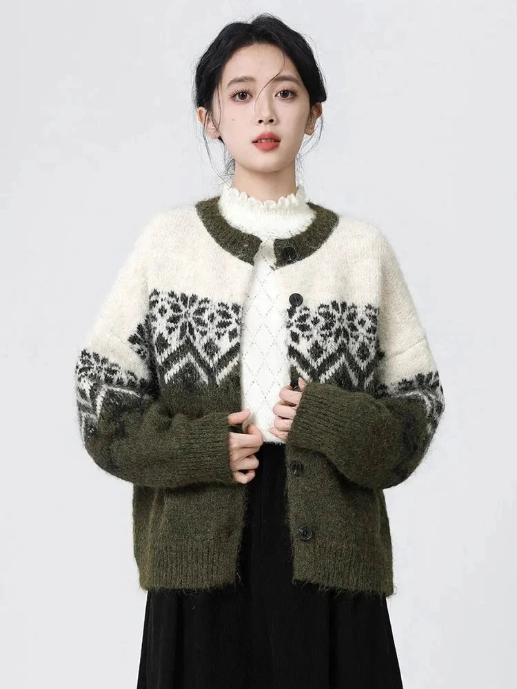 Women O Neck Retro Print Cardigan Sweaters Casual Lazy Wind Long Sleeve Knitted Short Coat Fall Winter Vintage Harajuku Lady Top voguable