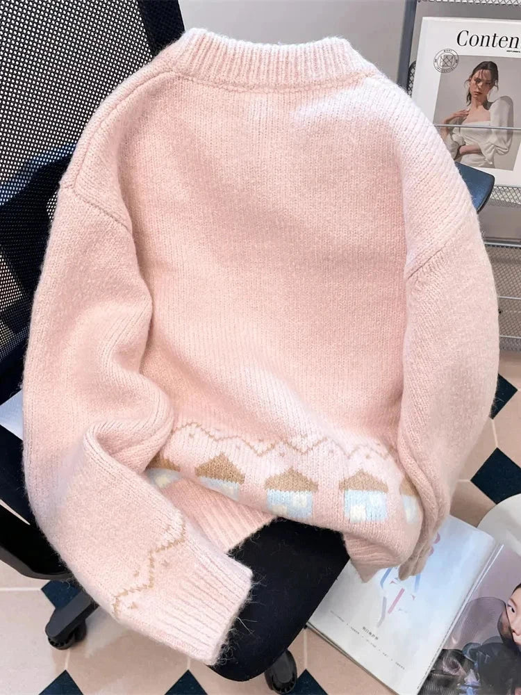 Cute Snowmen Pink Cardigan Sweater Women Vintage Sweet Print Loose Knitted Coat Japan Fall Winter Kawaii Female O Neck Tops voguable