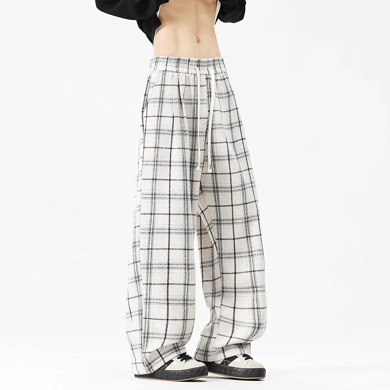 Autumn Thick Casual Pants Men Warm Retro Plaid Pants Men Streetwea Hip-hop Loose Wide Leg Pants Mens Oversized Vintage Trousers voguable
