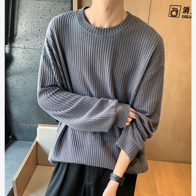 Autumn Long Sleeved T-shirt Men Oversized Casual Checkered T Shirt Men Streetwear Korean Loose Round Neck T Shirt Mens Top voguable