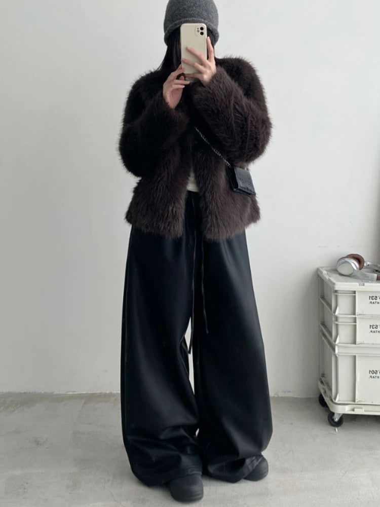 Black Pu Leather Pants Women Y2K Korean Elegant Fashion Drawstring Wide Leg Trousers High Waist Oversized Streetwear Trousers voguable