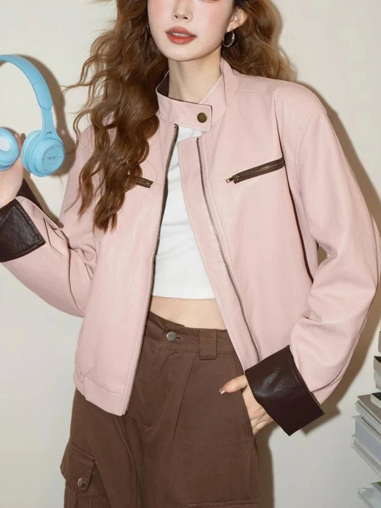Pink Vintage Biker Pu Jacket Women Long Sleeve American Casual Y2K Coat Fall Winter Moto Female O Neck Streetwear Retro Top voguable