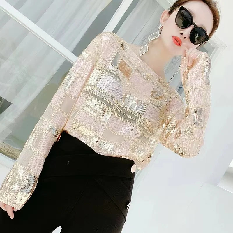 Autumn Runway Women Plaid Sequined Blouse Purple Shiny Long Sleeve Spring Summer Blouses Shirt Woman Beading Party Tops