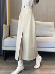 Sexy Slit Pu Long Skirt Women High Waist Slim Vintage Skirts Casual Fall Winter Lady Solid Retro American Streetwear Long Skirt voguable