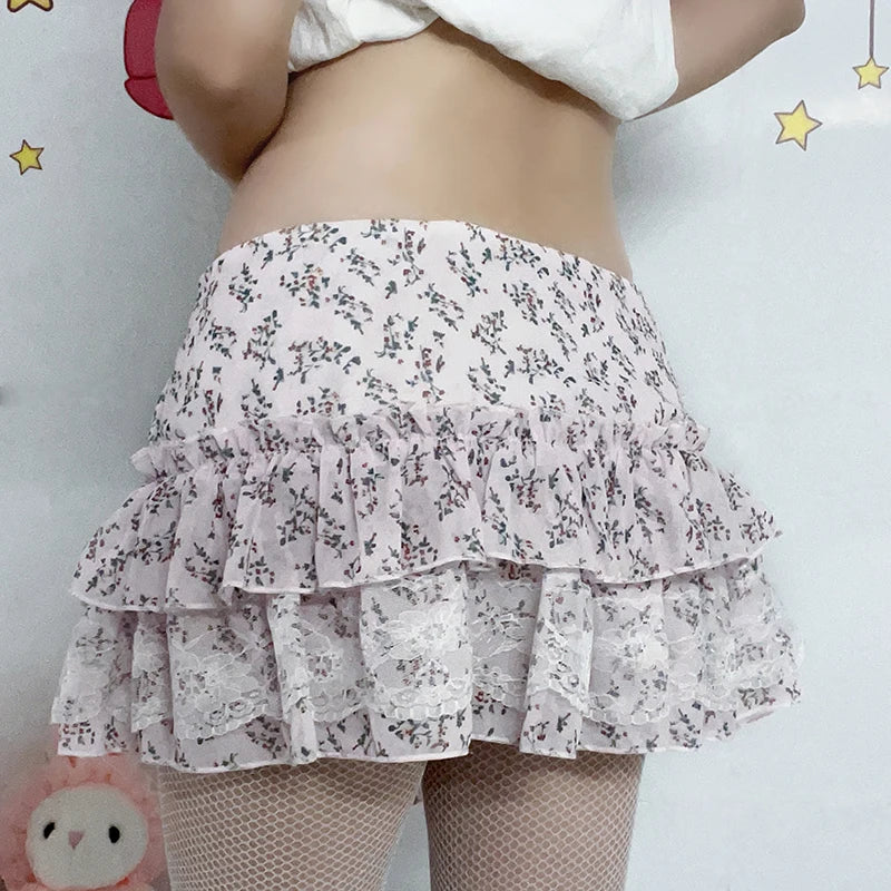 Voguable  Kawaii Floral Print Lace Stitching A-line Skirt Pink Low Waist Chiffon Skirts Y2K Coquette Lolita Skirts Soft Girls voguable