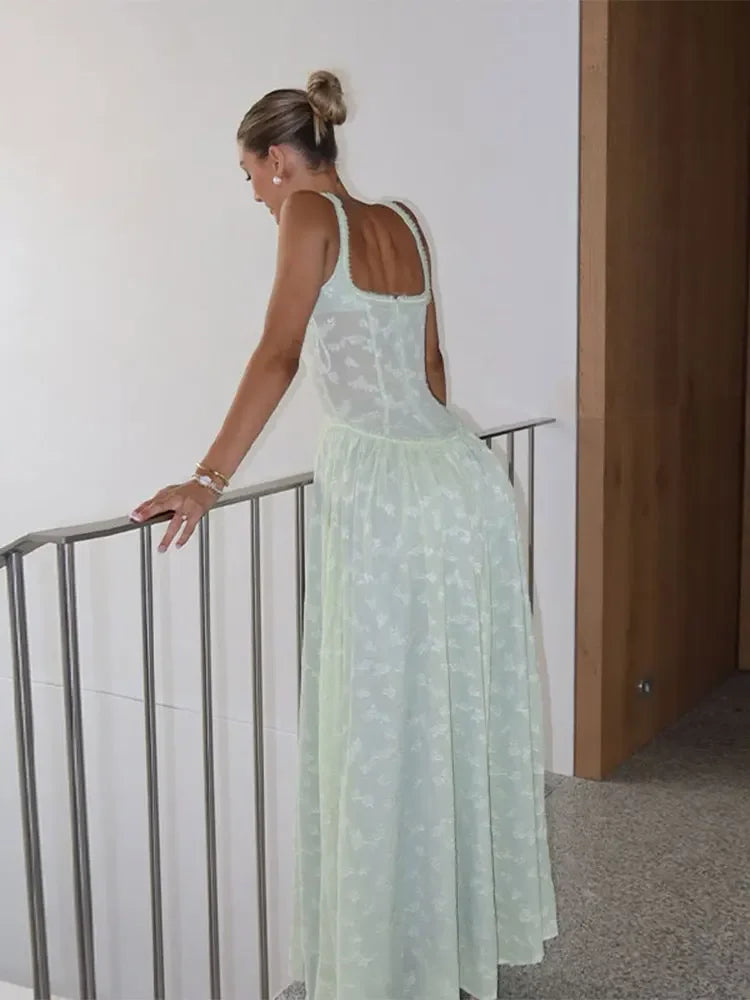 Flower Printed Slim A-line Sling Green Dress Fashion Square Neck High Split Long Dresses 2024 Elegant Chic Evening Wedding Robes voguable