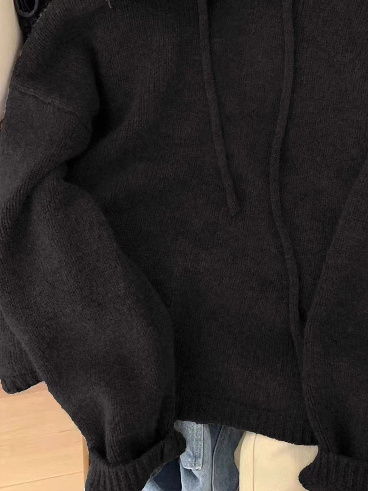 Autumn Knitted Hoodie for Women Korean Loose Thick Warm Casual Sweatshirt Bf Solid Simple Basic All Match Pullover Sweater New voguable