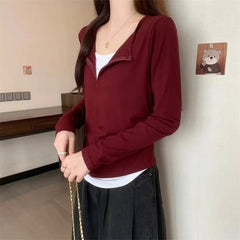 Long Sleeve T Shirt Women Fashion Fake Two Pieces Patchwork Basic Slim Zipper Slimming Bottoming Shirt Retro Red Casual T-shirt voguable