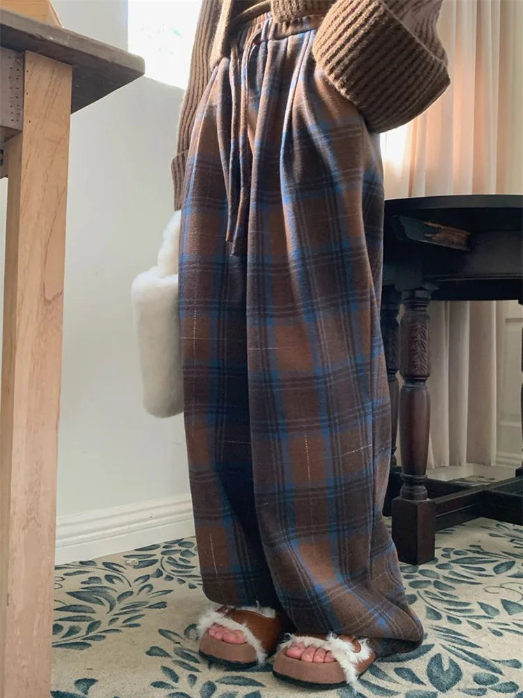 Faux Woolen Warm Plaid Pants Women Vintage Harajuku High Waist Wide Leg Trousers Streetwear Retro Loose Casual Fall Winter Pant voguable