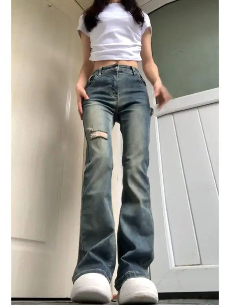 American vintage Micro-Pull Ripped Jeans Women Summer 2023 New Small Gyaru High Waist Slimming Straight Pants voguable