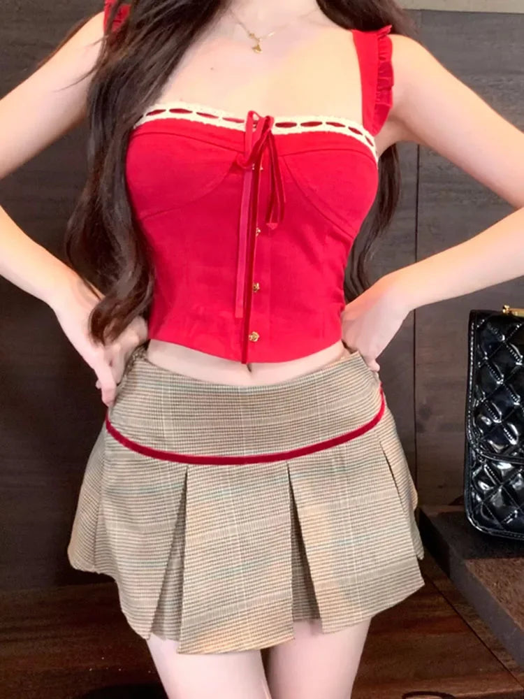 Voguable Harajuku 2000s Aesthetic Outfits 2 Piece Skirt Set Gyaru Off Shoulder Red Tank Top + Japanese Vintage Pleated Skirt Coquette Y2K voguable