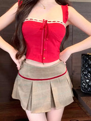 Voguable Harajuku 2000s Aesthetic Outfits 2 Piece Skirt Set Gyaru Off Shoulder Red Tank Top + Japanese Vintage Pleated Skirt Coquette Y2K voguable